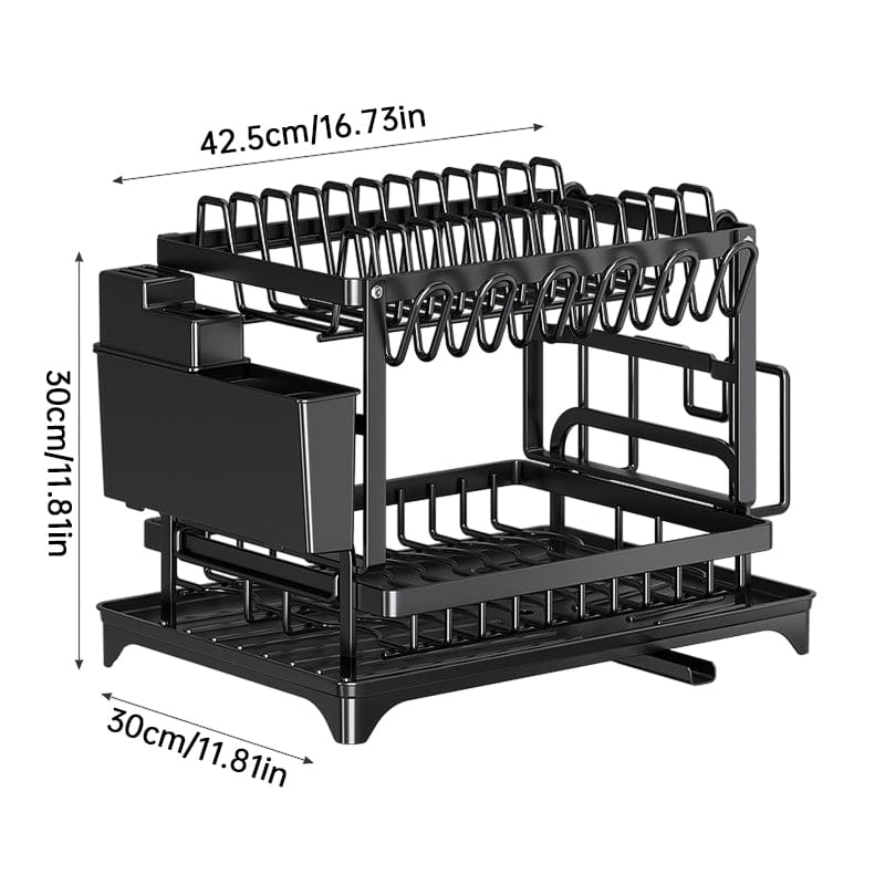 2-Tier Large Capacity Dish Drying Rack, Rustproof Carbon Steel Kitchen Sink Drainer with Cutting Board & Utensil Holder