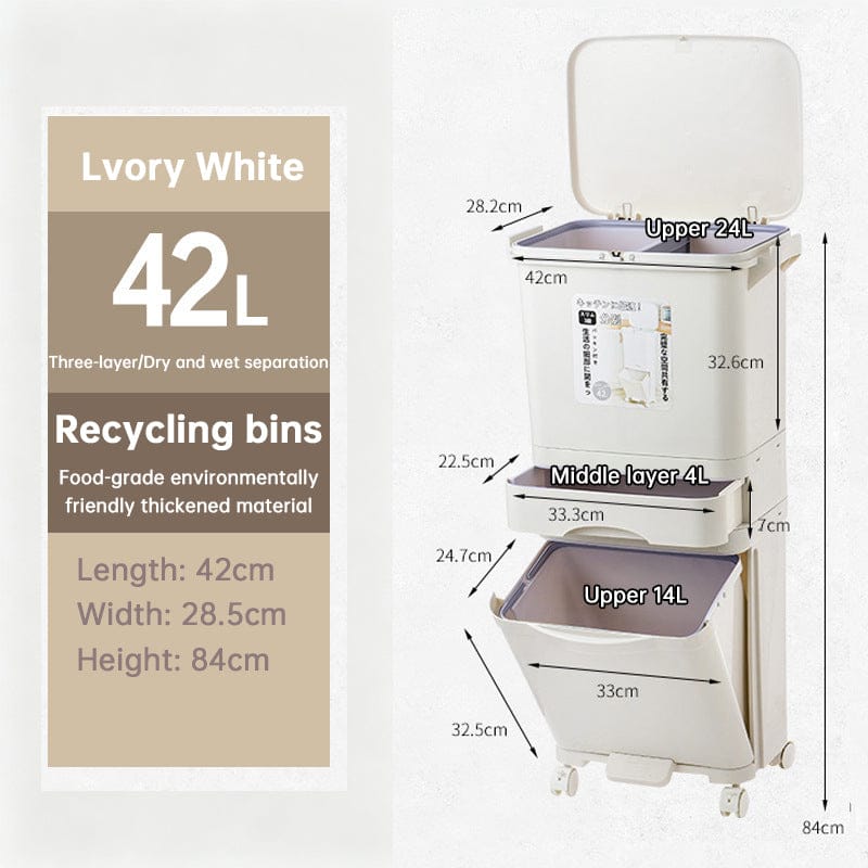 42L Kitchen Trash Can 3 Compartments with Pedal & Wheels, Recycling Bin