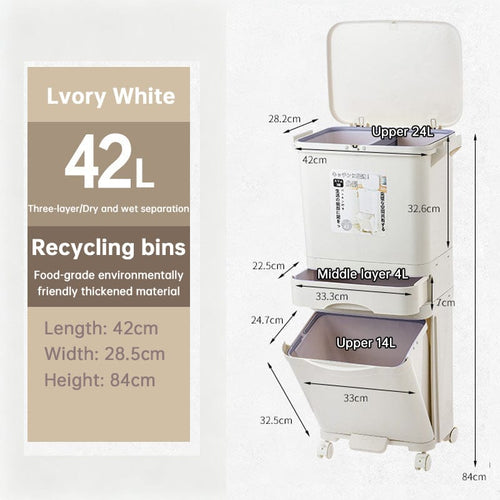 42L Kitchen Trash Can 3 Compartments with Pedal & Wheels, Recycling Bin