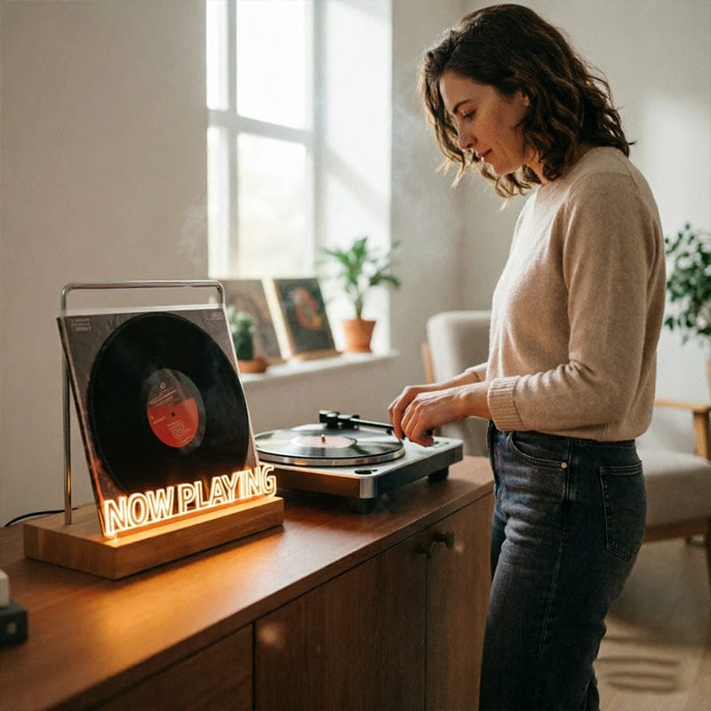 Wooden Vinyl Record Stand - Desktop Album Display & CD Rack for Home, Cafe, or Office Decor